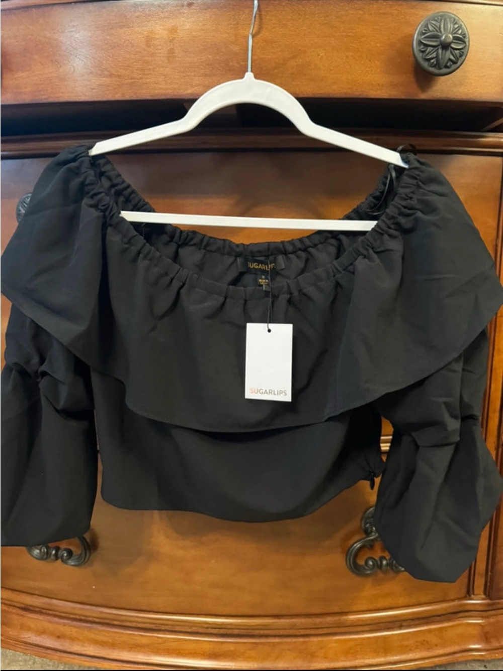 Sugarlips Black Off-Shoulder Ruffle Crop Top with Elastic Neckline